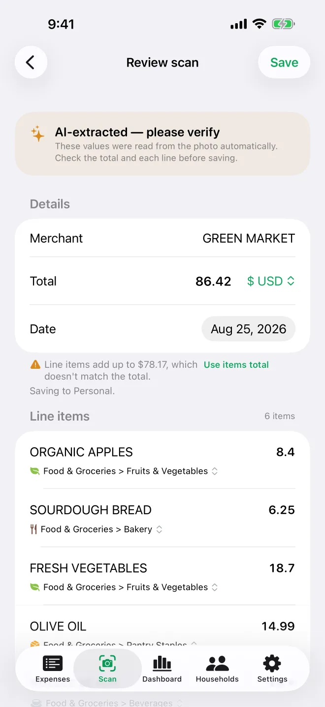 BudJet on iPhone showing a scanned grocery receipt with its line items and categories, ready to review