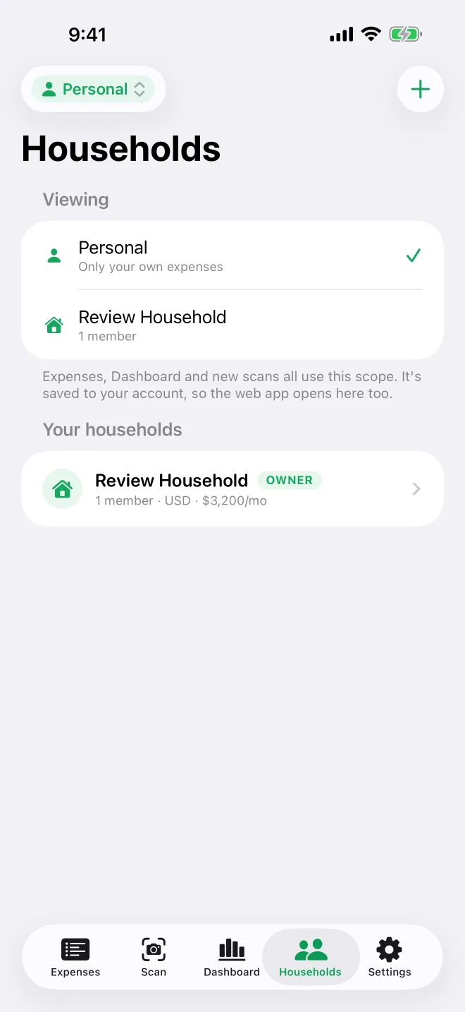 BudJet households screen switching between a personal and a household budget